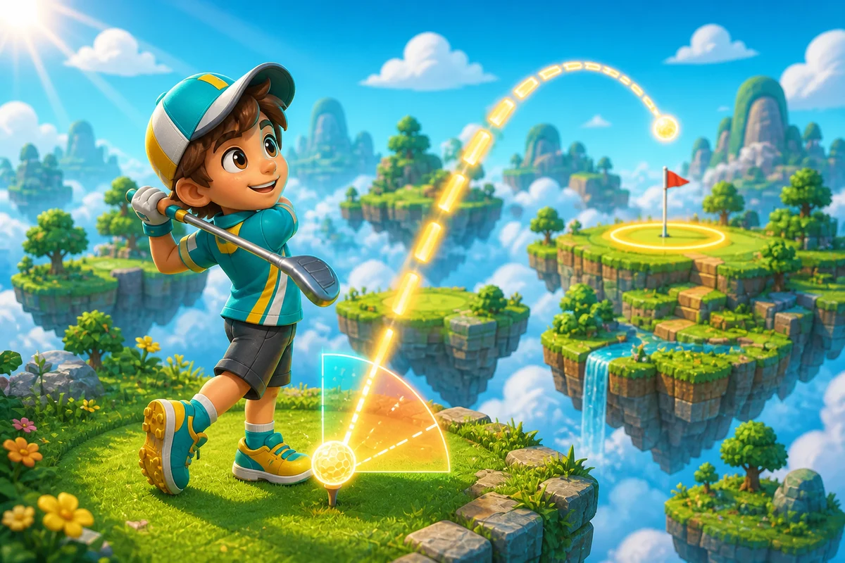 A young golfer launching a glowing ball along an angle arc towards a target on a floating course