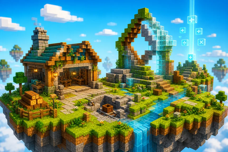 A bright voxel island with a workshop, river and glowing build challenge