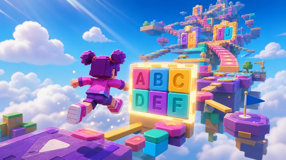 A block character climbing a colourful floating obstacle tower with learning gates