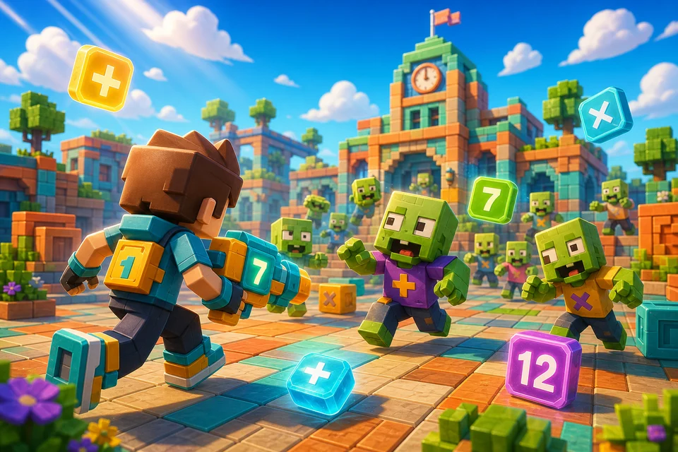 A learner carrying a number tagger through a colourful courtyard with playful block zombies