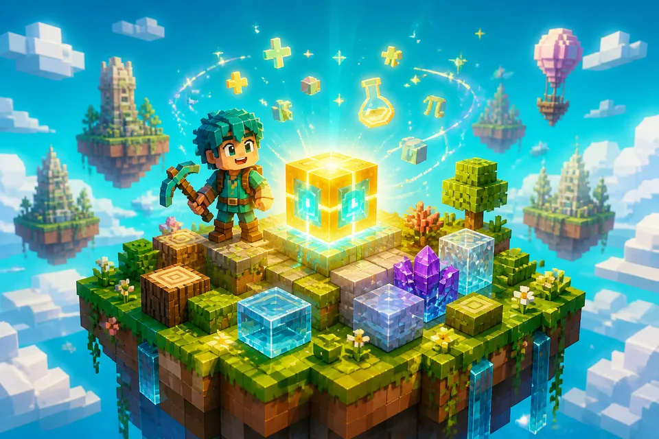 A learner building a colourful sky island around a glowing renewable block